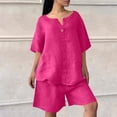 thumbnail image 3 of Two Piece Sets For Women Summer Linen Casual Outfit Plus Size Loose Fit Short Sleeve Shirts & Wide Leg Shorts Sets,Hot Pink,5XL, 3 of 7