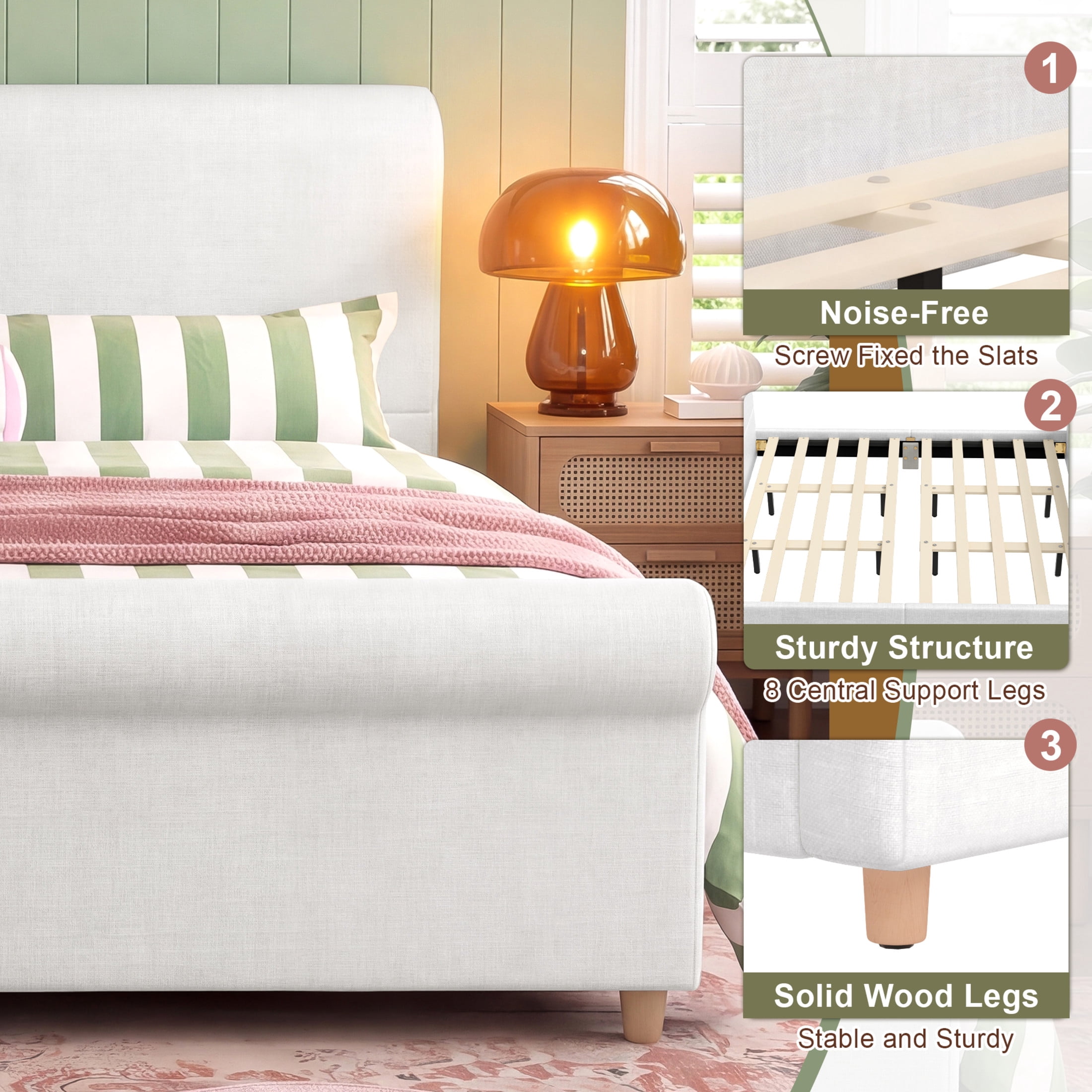 GDF Studio Flora King Size Upholstered Sleigh Bed Frame with High Headboard, Solid Wood Legs & Slats Support, Beige