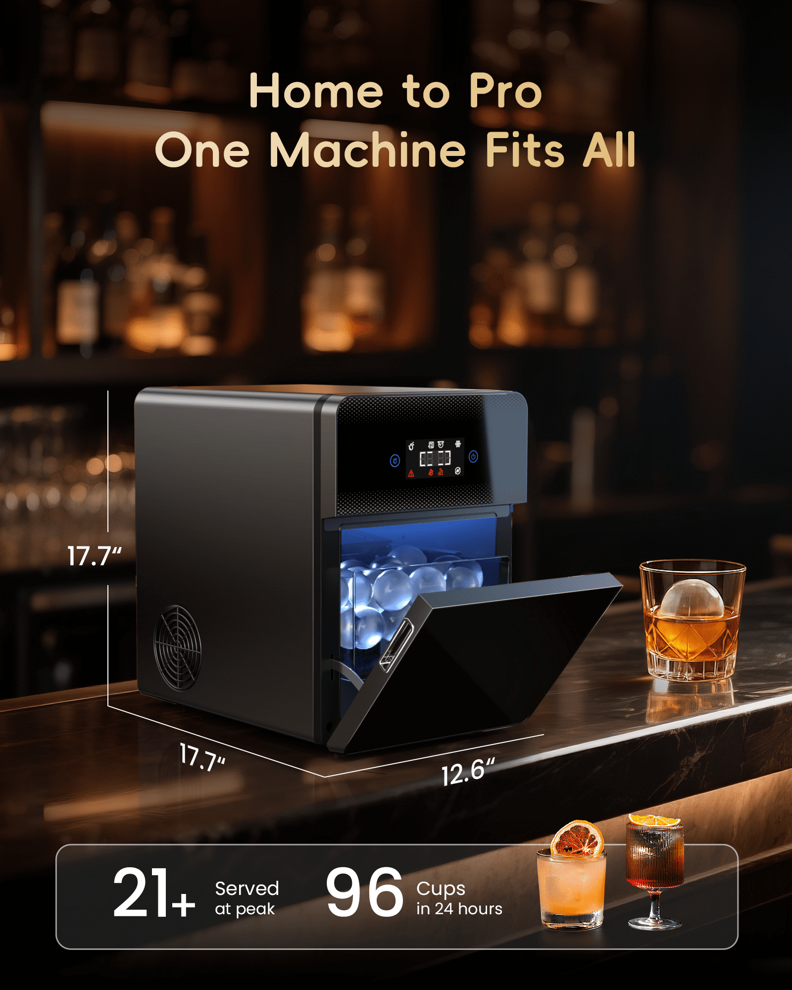 Ecozy Chillio 2.4" Clear Ice Ball Maker with CrystalFlux Technology, 3 Pcs in 45 Mins, 96 Pcs/Day, Sphere Ice Maker with Automatic Water Supply,  for Bar Whiskey & Bourbon
