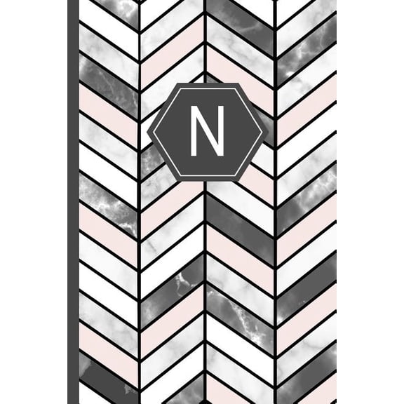 N: Stylish Chevron Letter N Monogram, Pink Grey & White Marble Journal 6x9 Inch Blank Lined College Ruled Notebook 120 Page Perfect Bound Glossy Soft Cover Diary (Paperback)