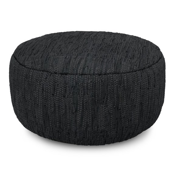 Simpli Home Fredrik 30 inch Wide Boho Pouf in Black Genuine Woven Leather, Assembled