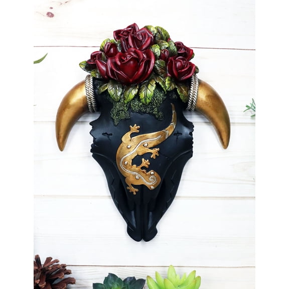 Rustic Western Black Cow Skull With Gecko Lizard And Red Roses Wall Decor Plaque