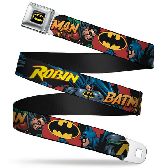 DC Comics Belt, Seatbelt Buckle Belt, Batman Robin In Action Text Burgundy, 30 to 44 Inches