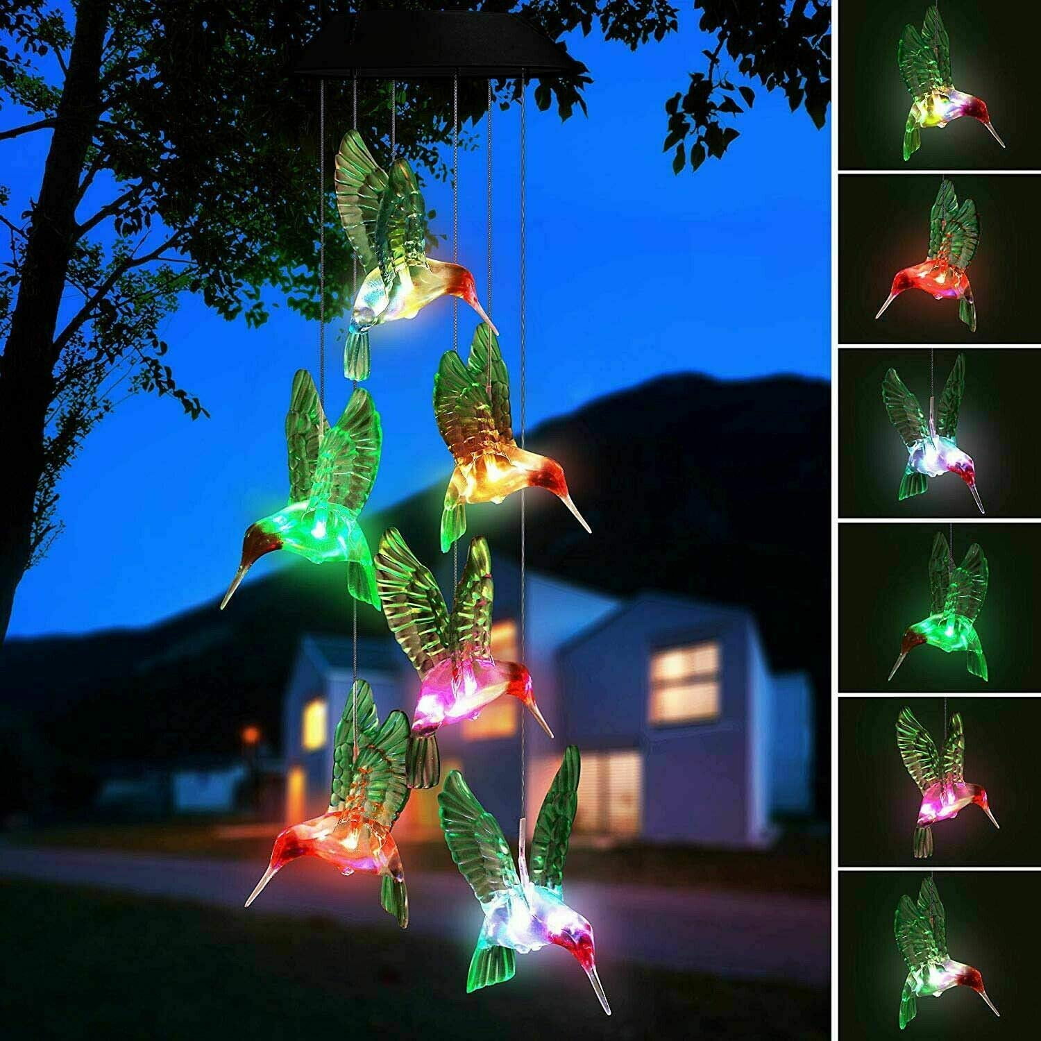 LED Color-Changing Solar Powered Hummingbird Wind Chime Lights Yard Garden Decor 