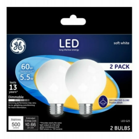 

GE 25016 Medium-Base Frost G25 Globe Dimmable LED Bulb Soft White 5.5W 2-Pk
