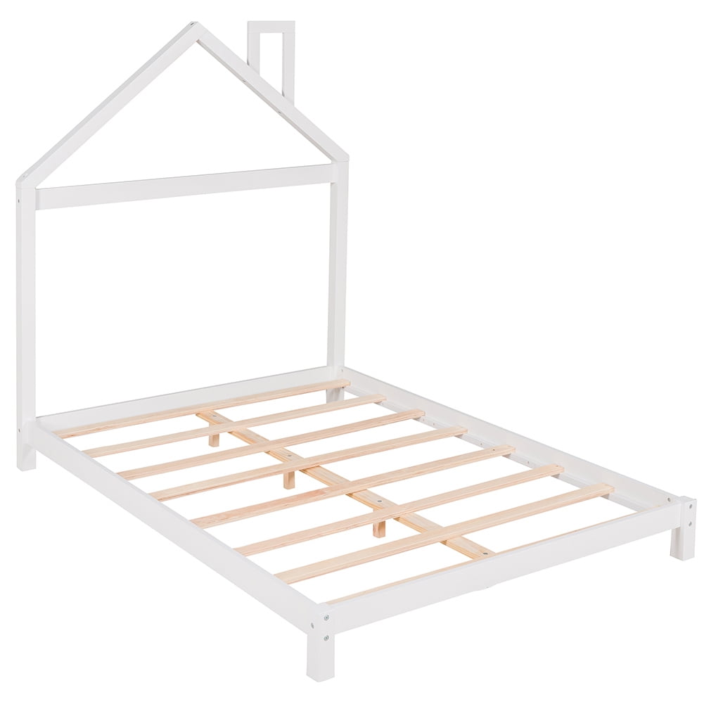 Kepooman Wood Platform Bed Frame with House-Shaped Headboard, Full Size, White Kepooman Wood Platform Bed Frame with House-Shaped Headboard, Full Size, White