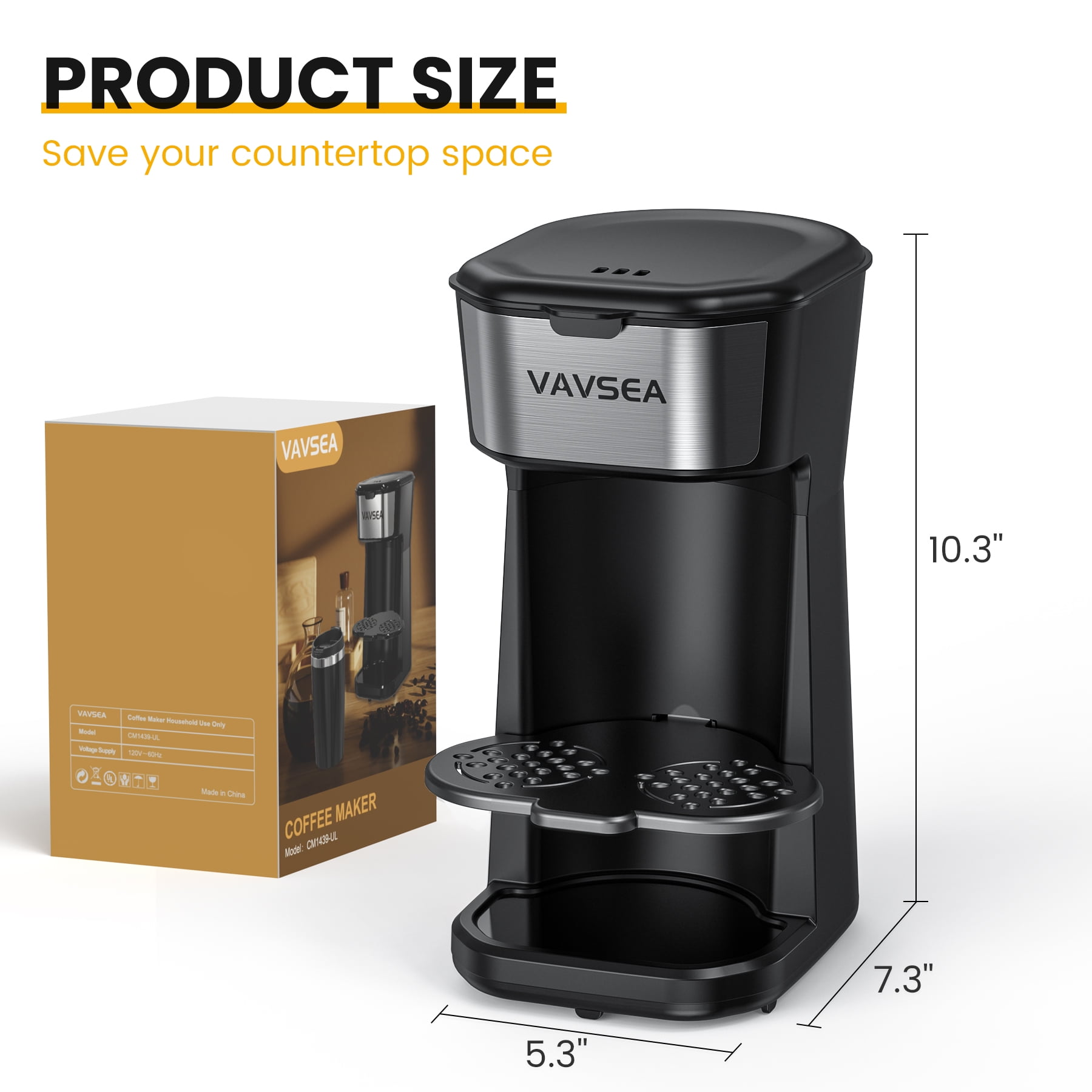 VAVSEA Single-Serve Coffee Maker Brewer 14Oz with Thermal Travel Mug and  Reusable Filter, 600W Personal Coffeemaker for Ground Coffee 