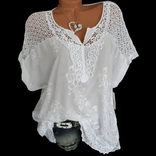 Blusas blancas elegantes e informales de verano para mujer, con cuello en V, estampado floral ahuecado, con ojales bordados, holgadas, para uso diario, tallas grandes