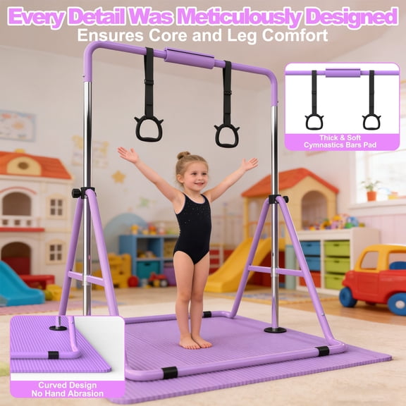 Folding Gymnastics Bar for Kids with Mat, Adjustable Height 35-51 Inch Purple Horizontal Training Bar for Home Practice, Sturdy Steel Frame Supports 140 lbs