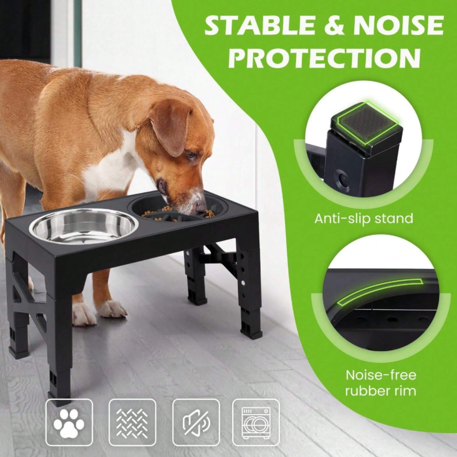 NTGFU Black 5 Adjustable Heights Raised Dog Bowl Stand with 2 Stainless Steel Dog Food Bowls and 1 Slow Feeder Dog Bowl, Adjusts To Height 3.2" To 12.2" for Small Medium Large Dogs