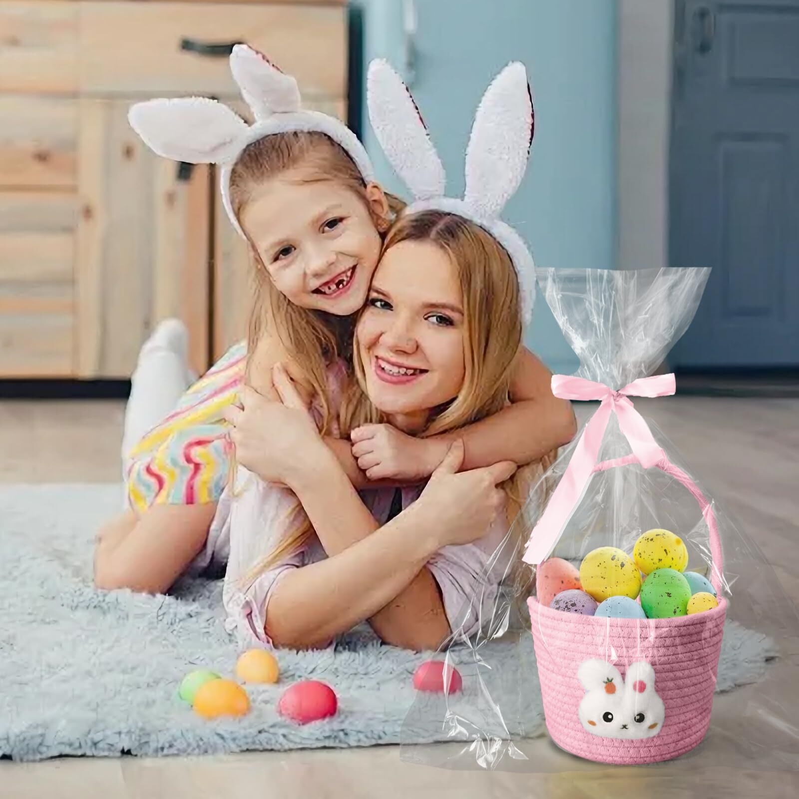 Poschnor Easter Basket for Kids, Easter Bunny Basket with Gift Bags and Ribbons, Woven Cotton Rope Egg Easter Baskets for Girls, Boys, Toddler, Babies, Blue