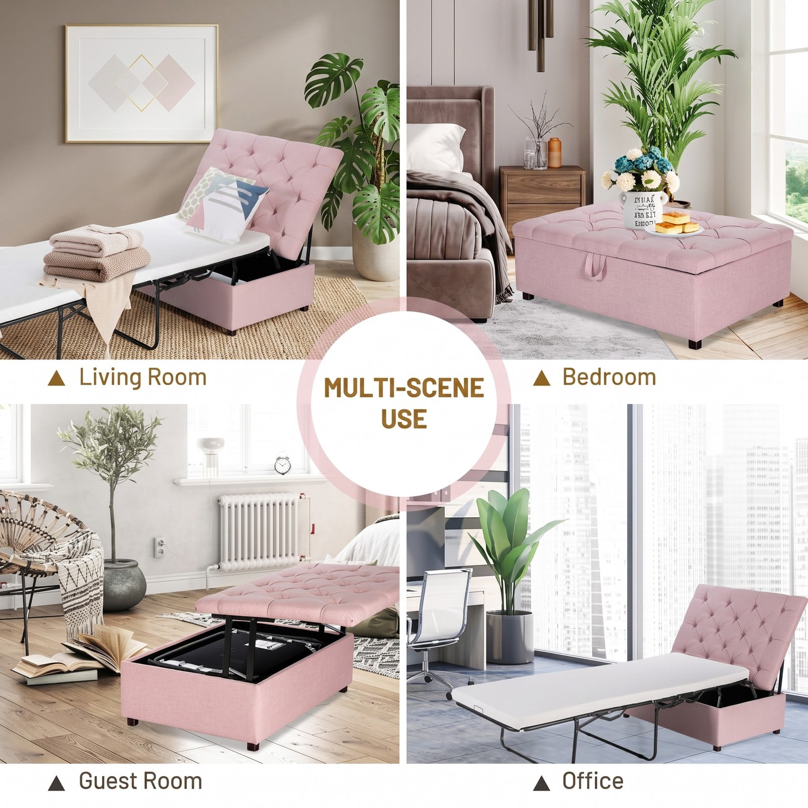Furnibear Folding Bed Ottoman Sleeper with Mattress and Padded Storage Stool, Rollaway Bed Frame for Guest Room Office and Nap, Pink