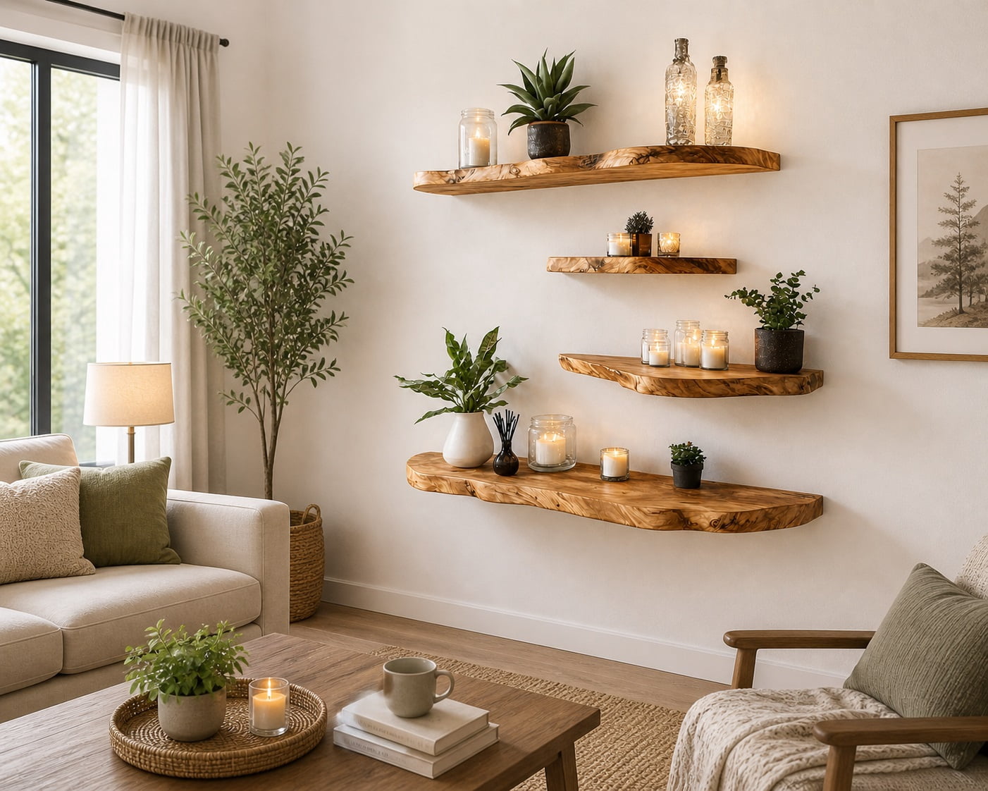 Rustic Floating Wall Shelf, Solid Wood, Live Edge Design, Natural Wood Grain