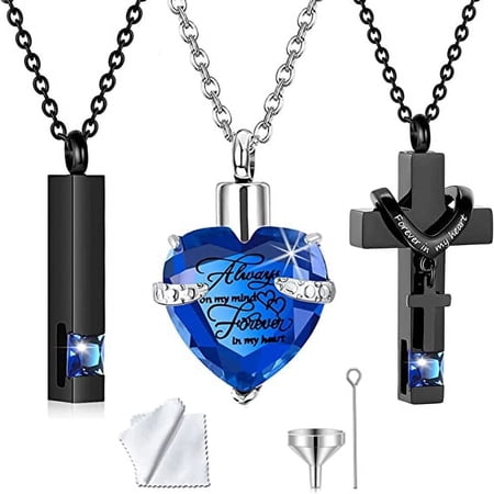 3 Pieces Heart Cross Cubic Urn Necklace for Ashes for Men Women Cremation Jewelry Simulated Birthstone Memorial Locket Ashes Pendant Family Keepsake Sharing Jewelry Set