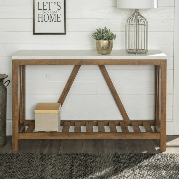 Modern Farmhouse White Faux Marble And Walnut Entryway Table By