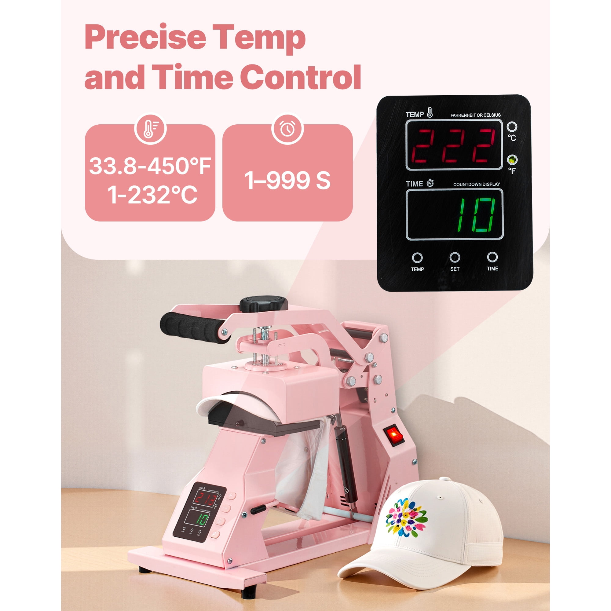 KFFKFF Hat Heat Press Machine with Interchangeable Platens, Accurate Temperature and Time Settings, Ideal for HTV Transfers and Sublimation on Caps, Headbands, Cuffs, Face Masks, Pink