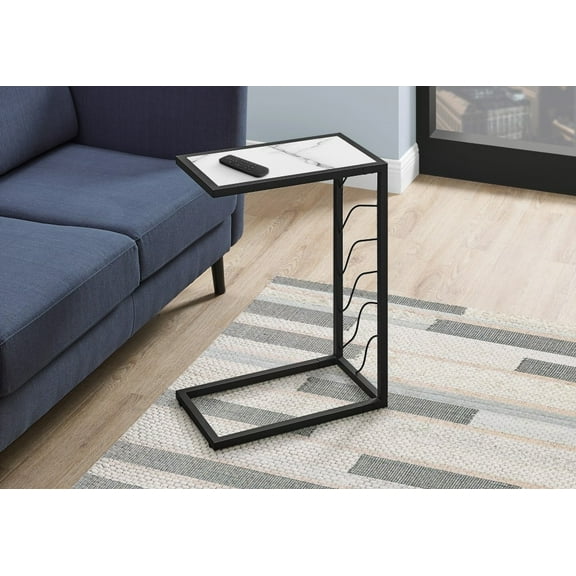 C-shaped Accent Table with White Marble Look & Black Metal | Assembly Included