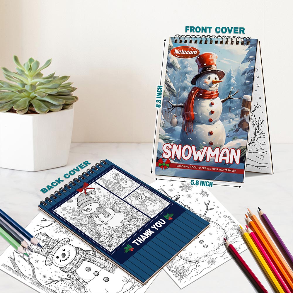 Netecom Snowman Coloring Book Spiral Bound for Adults, A5 Wooden Cover, 30 Heartwarming Coloring Pages of snowmanUnder Winter Scenes for Stress Relief and Relaxation