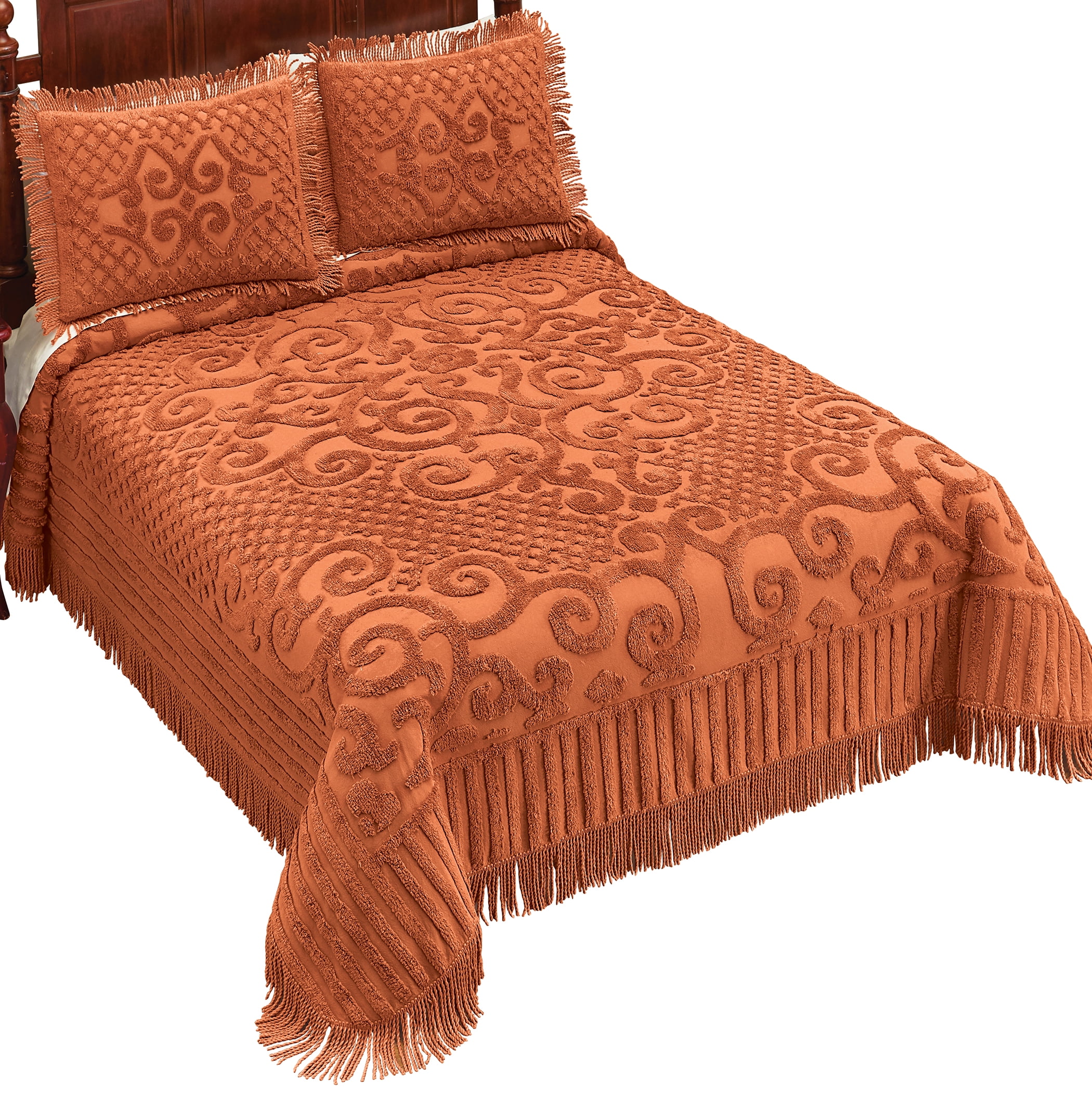 Standard Pillow Sham Chenille Patchwork Scroll Dark Green Tan Brown & Orange Standard Pillow Sham Chenille Patchwork Scroll Dark Green Tan Brown & Orange