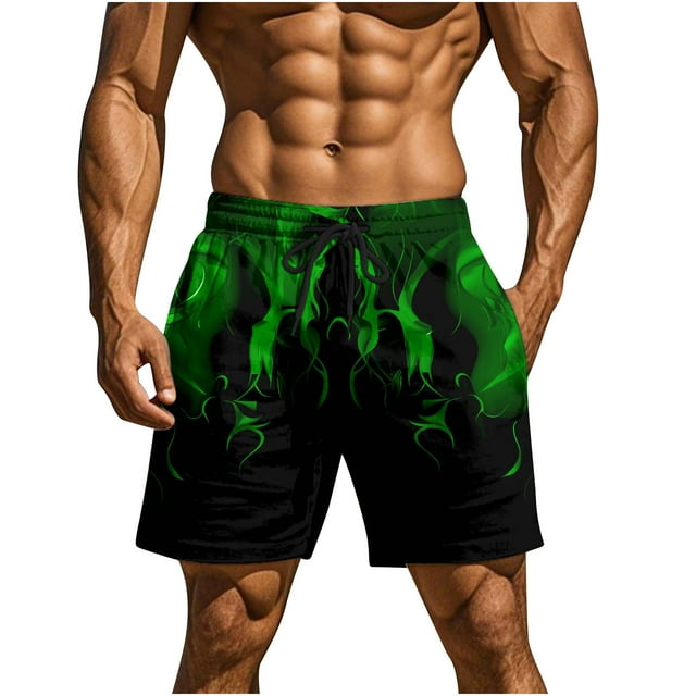 Beach Shorts for Men, Fast-Drying Polyester Swim Trunks with Flame Print, Lightweight Summer Casual Wear, Elastic Waistband, Side Pockets, UPF Protection