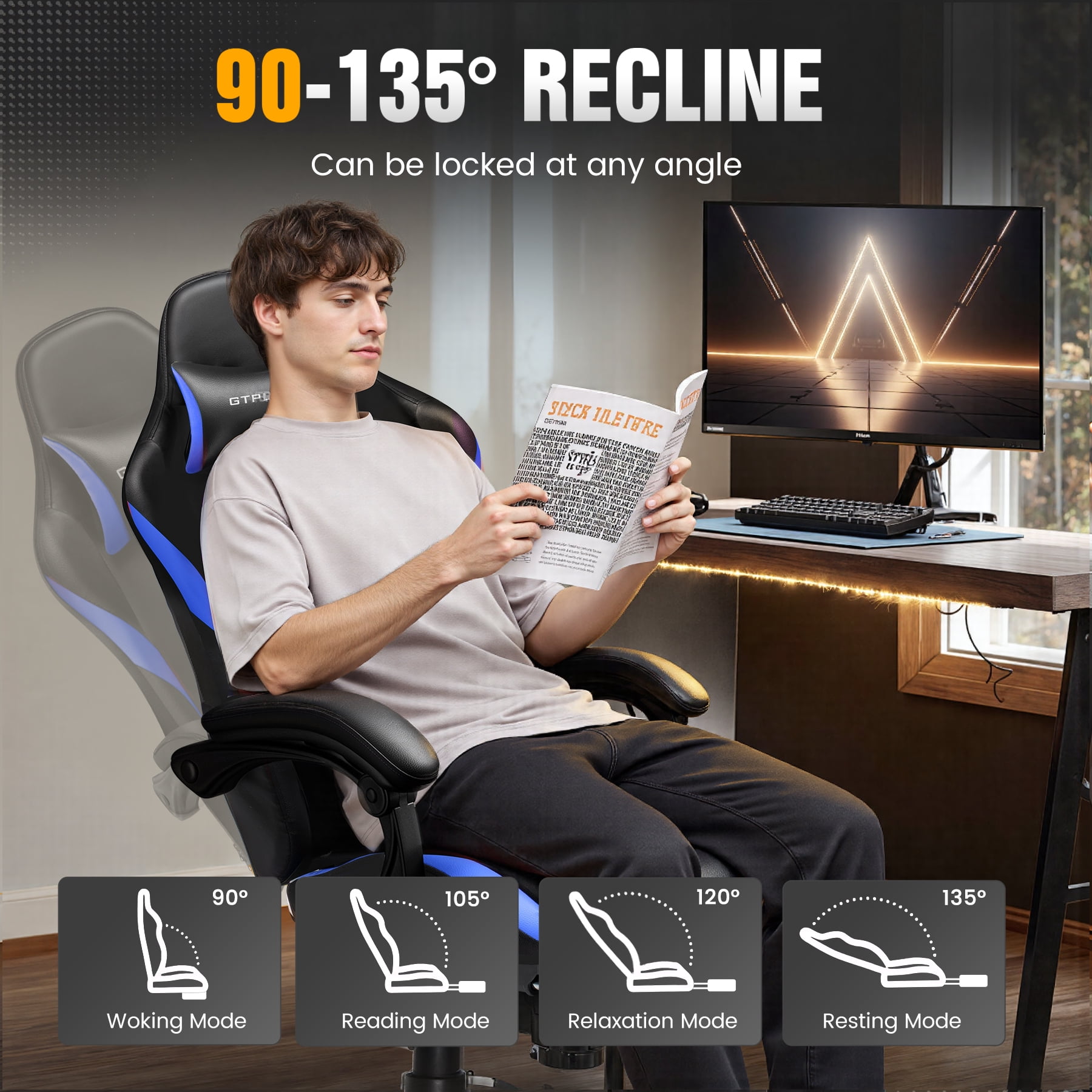 GTPLAYER Ergonomic Gaming Chair with Footrest and Lumber Support for Adults, Blue