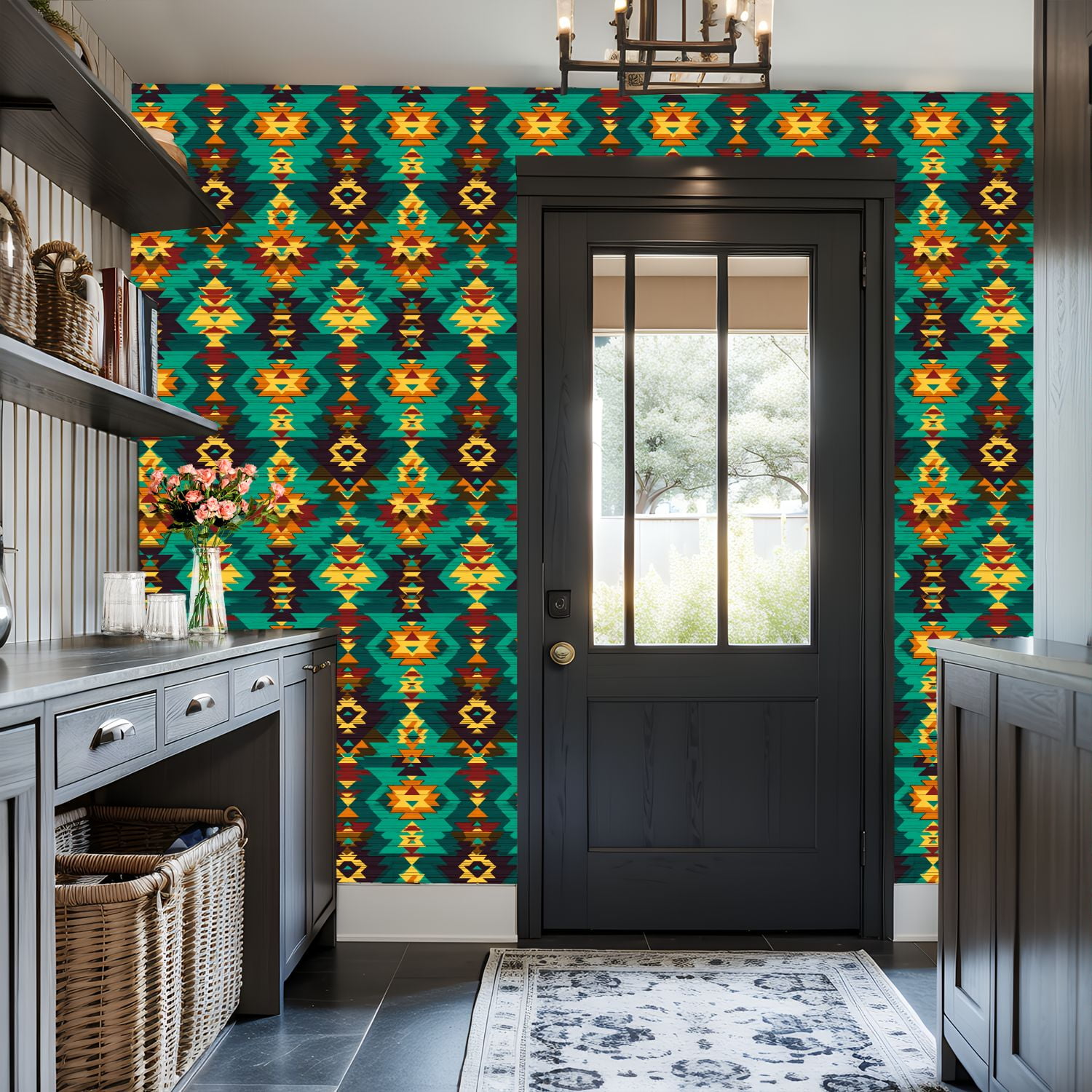 Aztec Peel and Stick Wallpaper Geometric Tribal Vibrant Colors Bold Shapes Wall Mural 17.7in x 9.8ft Self Adhesive Removable Wall Paper Renter Friendly Wallpaper for Nursery Bedroom Cabinets