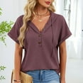 thumbnail image 6 of yillto Women's Short Sleeve Tops with Hoodies Drawstring Button V Neck Casual Blouses Shirts Spring Summer Outfits, 6 of 7