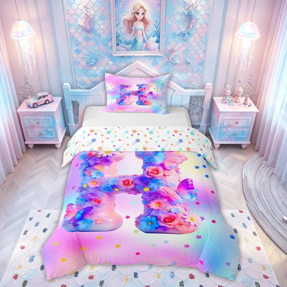 meiyoeat Flower Butterfly Initial Rainbow Twin Duvet Cover, Watercolor Galaxy Stars Twin Bedding for Girls, Colorful Star Reversible, 2-Piece, 1 Duvet Cover and 1 Pillowcase