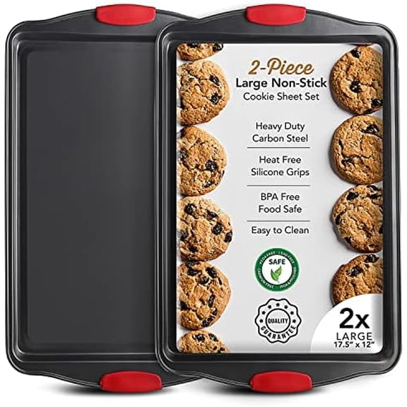 Baking Sheet Set, 2-Piece Large Cookie Sheet Set with Silicone Handles, Steel Baking Pan, Baking Sheets for Oven, BPA Free Nonstick Set, Half Sheet Pans, Black Baking Tray