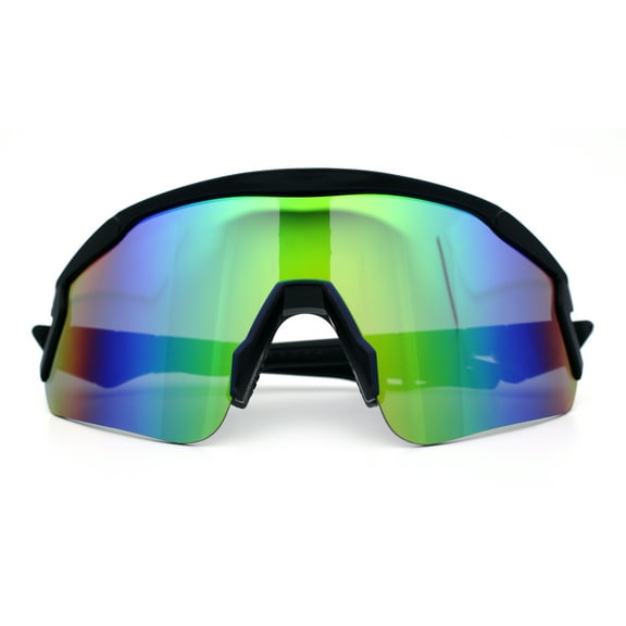 Polarized Mens Classic Oversized Mirror Wrap Half Rim Sport Plastic Sunglasses Matte Black - Green Mirror