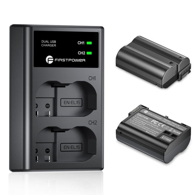 Batería y cargador FirstPower EN-EL15/15a/15b/15c, paquete de 2 unidades Nikon