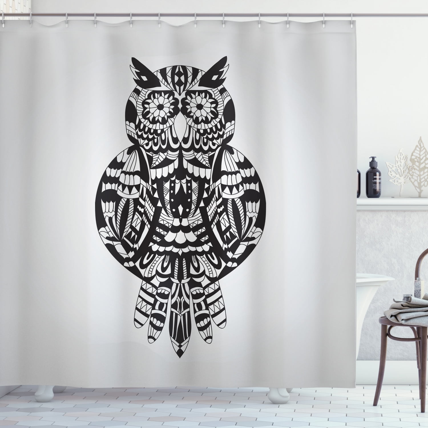72Inch Yinyang Owl Theme Bathroom Waterproof Fabric Shower Curtain Hook Mat Set 