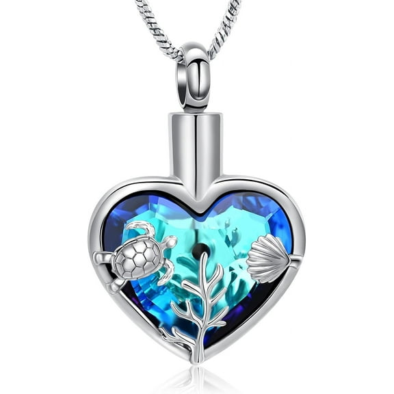 Sea Turtle Urn Necklaces for Ashes for Women Men Stainless Steel Crystal Heart Urn Locket Pendant Keepsake Memorial Cremation Jewelry