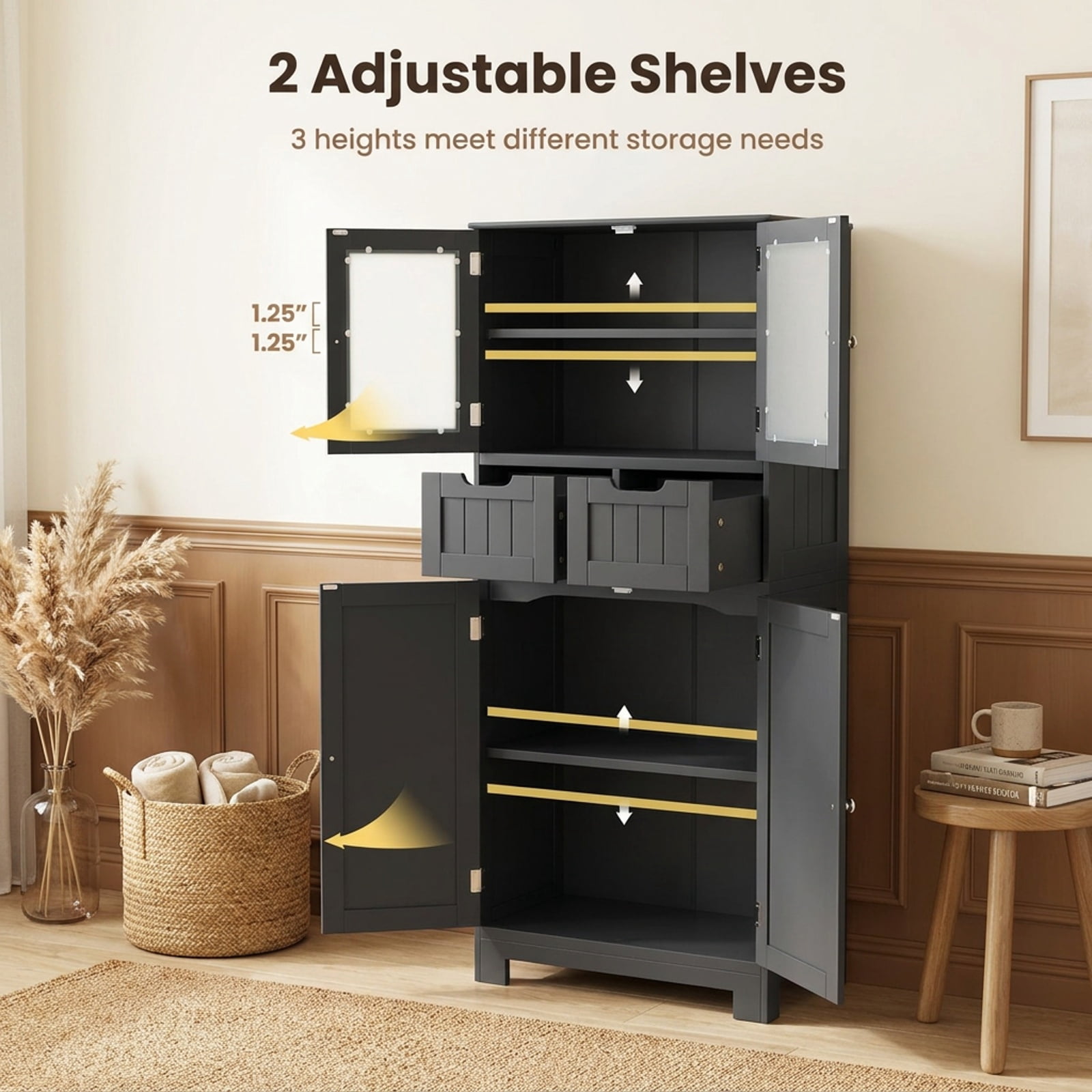 Vebreda Freestanding Bathroom Storage Cabinet, 4 Door Freestanding Bathroom Floor Storage Cabinet with 2 Drawers and Glass Doors