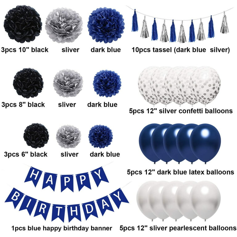  Navy Blue Gold Birthday Decorations, Birthday Party Supplies  for Men Women Boys Girls with HAPPY BIRTHDAY Banner, Tissue Paper Flowers  Pom Pom, Pennant and Circle Dot String, Latex Confetti Balloons 