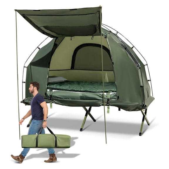 Tent Cot 5-in-1 Folding Camping Bed with Mattress Pillows Sleeping Bags Sunshade Tent for Outdoor Hiking Fishing Picnic 1-Person Elevated Shelter with Carrying Bag