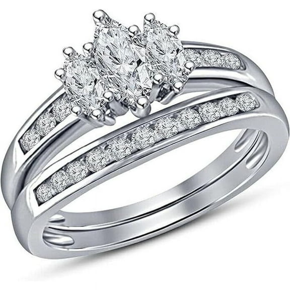 925 Sterling Silver 14K White Gold Plated Marquise Cut White Diamond 3 Stone Beautiful Engagement Wedding Bridal Ring Set for Women