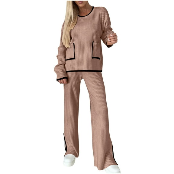 V-Neck Hoodie for Lady Set Womens Sweater Suit 2 Piece Sweatsuit Outfits Long Sleeve Knit Sweater Tops with Pockets Wide Leg Pants Soft Loungewear Sets Khaki XXL