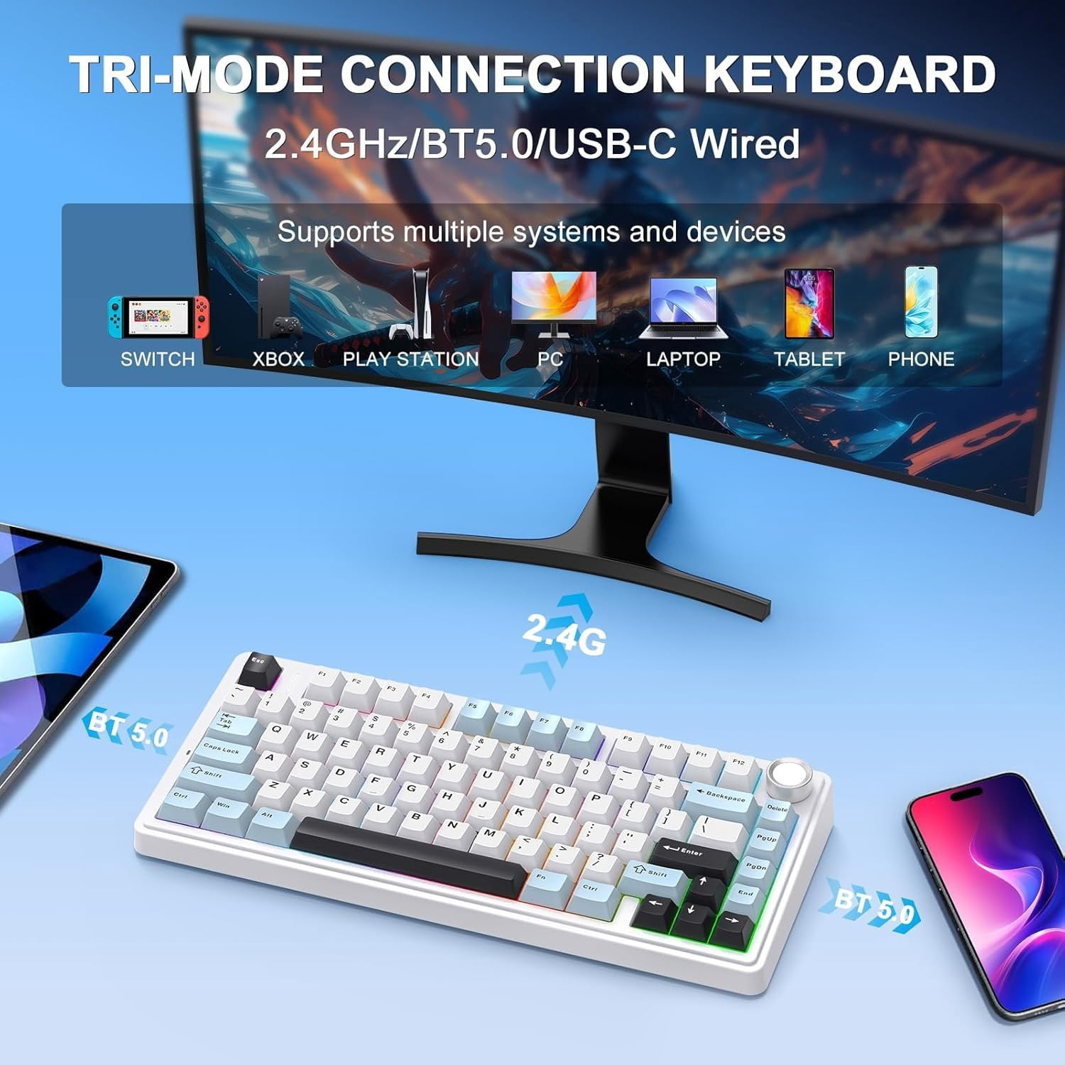 AULA F75 - 75% Mechanical Keyboard,Hot Swappable Custom Gaming Keyboard with Knob,BT5.0/2.4GHz/USB-C,RGB Backlit,Pre-lubed Reaper Switches,Double Shot PBT Keycaps,Mechanical Gaming Keyboards