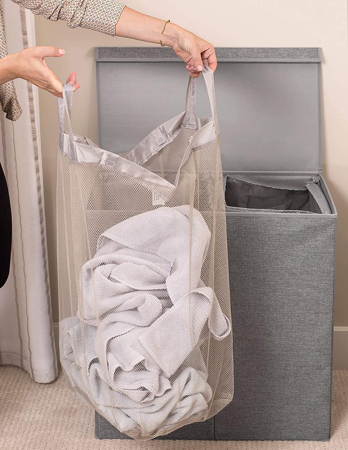 BirdRock Home Double Linen Laundry Hamper with Lid and Removable Liners - Grey - image 3 of 10