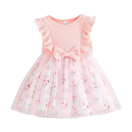 

Fancy Dresses for Girls Toddler Girl Christmas Dresses Toddler Girls Sleeveless Floral Prints Bowknot Ribbed Tulle Princess Dress Clothes