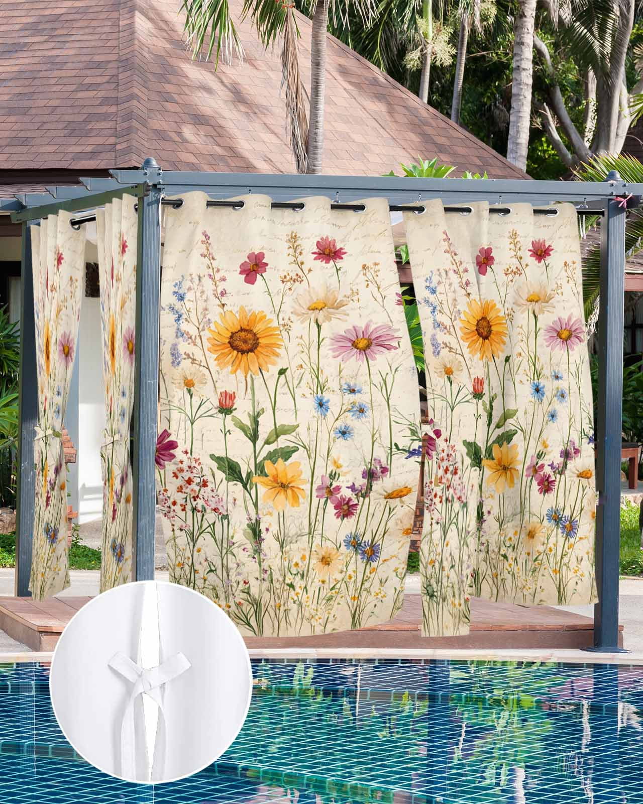 nqOlkjepod Outdoor Curtains for Patio Waterproof, Botanical Floral Outdoor Privacy Panels Grommet, Retro Purple Pink Yellow Wildflowers Blackout Outside Curtains for Porch/Cabana 54"x95", 1 Panel