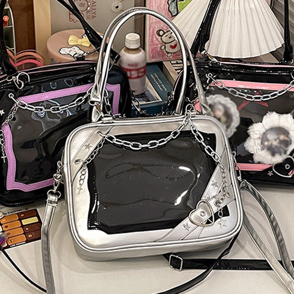 Hzzsbu Y2K Ita Bag with Display Window, Star & Heart Crossbody Purse with Metal Chain