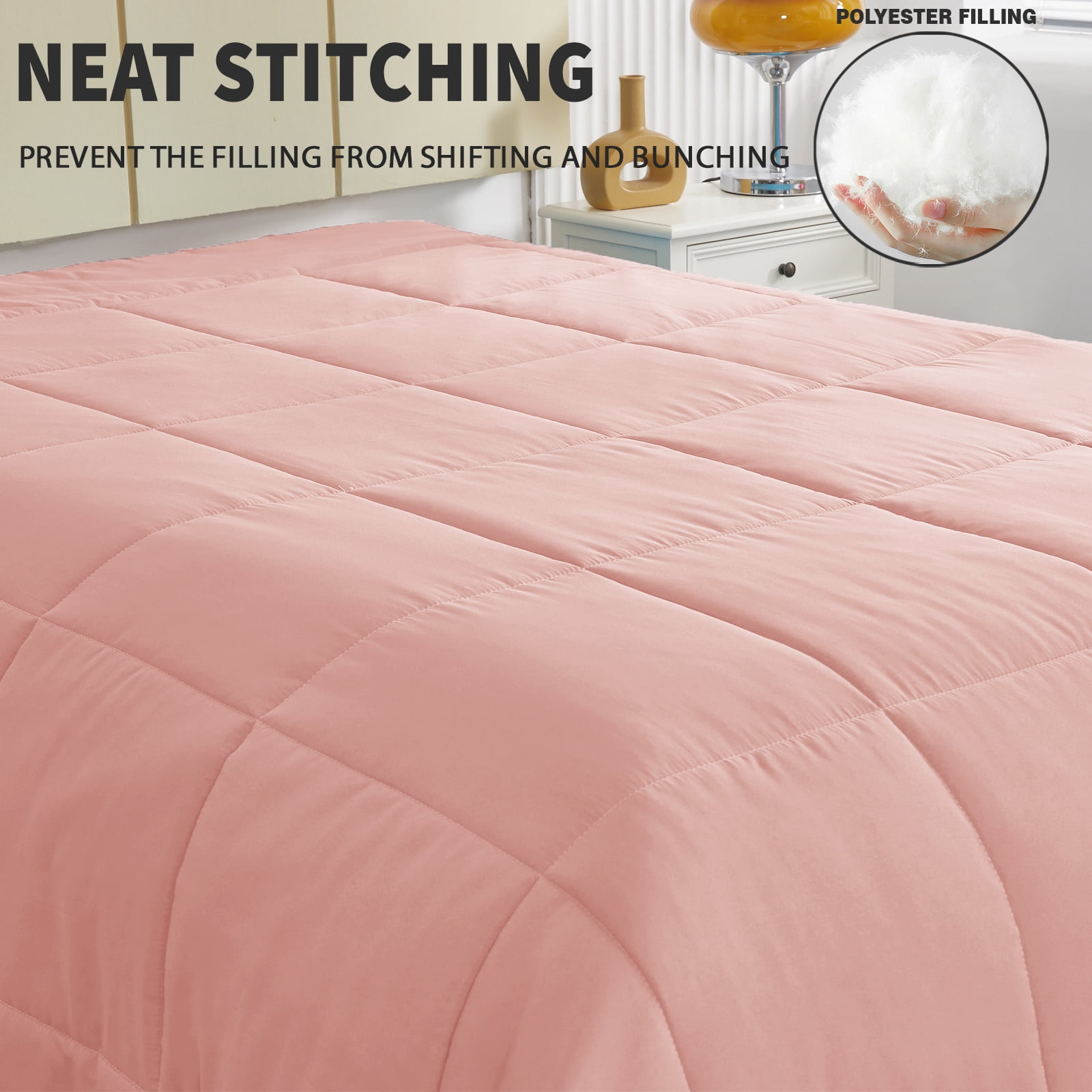 Exclusivo Mezcla Lightweight Reversible 3-Piece Comforter Set All Seasons, Down Alternative Comforter with 2 Pillow Shams, Full Size, Blush Pink/Light Grey