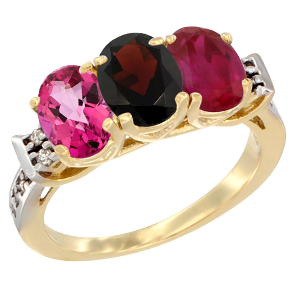 10K Yellow Gold Natural Pink Topaz, Garnet & Enhanced Ruby Ring 3-Stone Oval 7x5 mm Diamond Accent, sizes 5 10 by WorldJewels