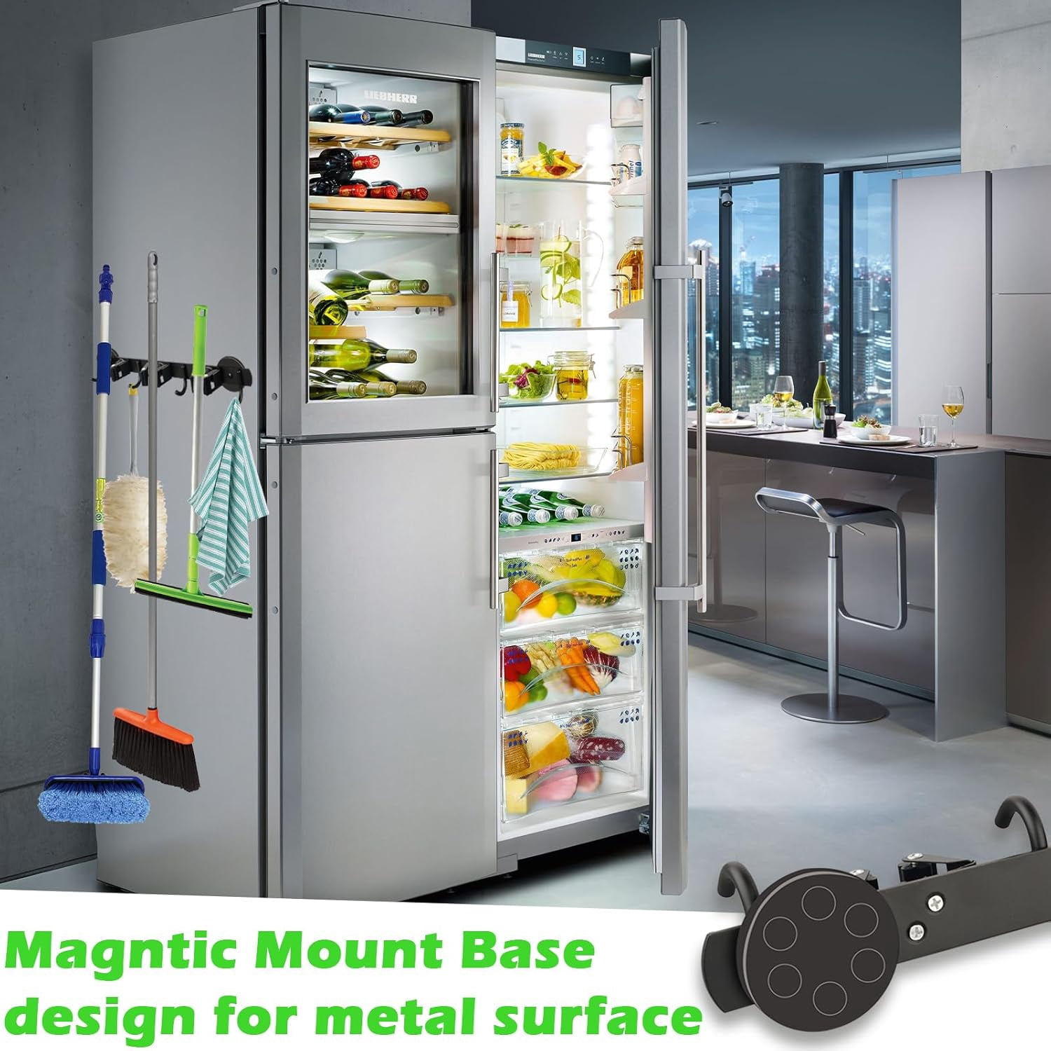 Strong Magnetic Mop Broom Holder, Heavy Duty Hanger for Refrigerators, Anti-Slip Magnet Wall Mounted Holder Storage Rack Laundry Garage Kitchen Workshops Shed