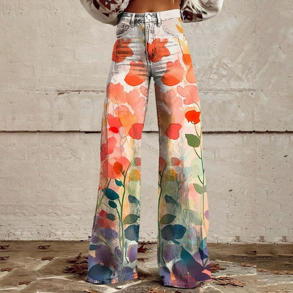 Women's Casual Pants Wide Leg Pants Woman High Waist Floral Patterned Pants Lightweight Loose Fit Casual Colorful Trouser Imitation Jeans,Yellow Women's Casual Pants XXXL