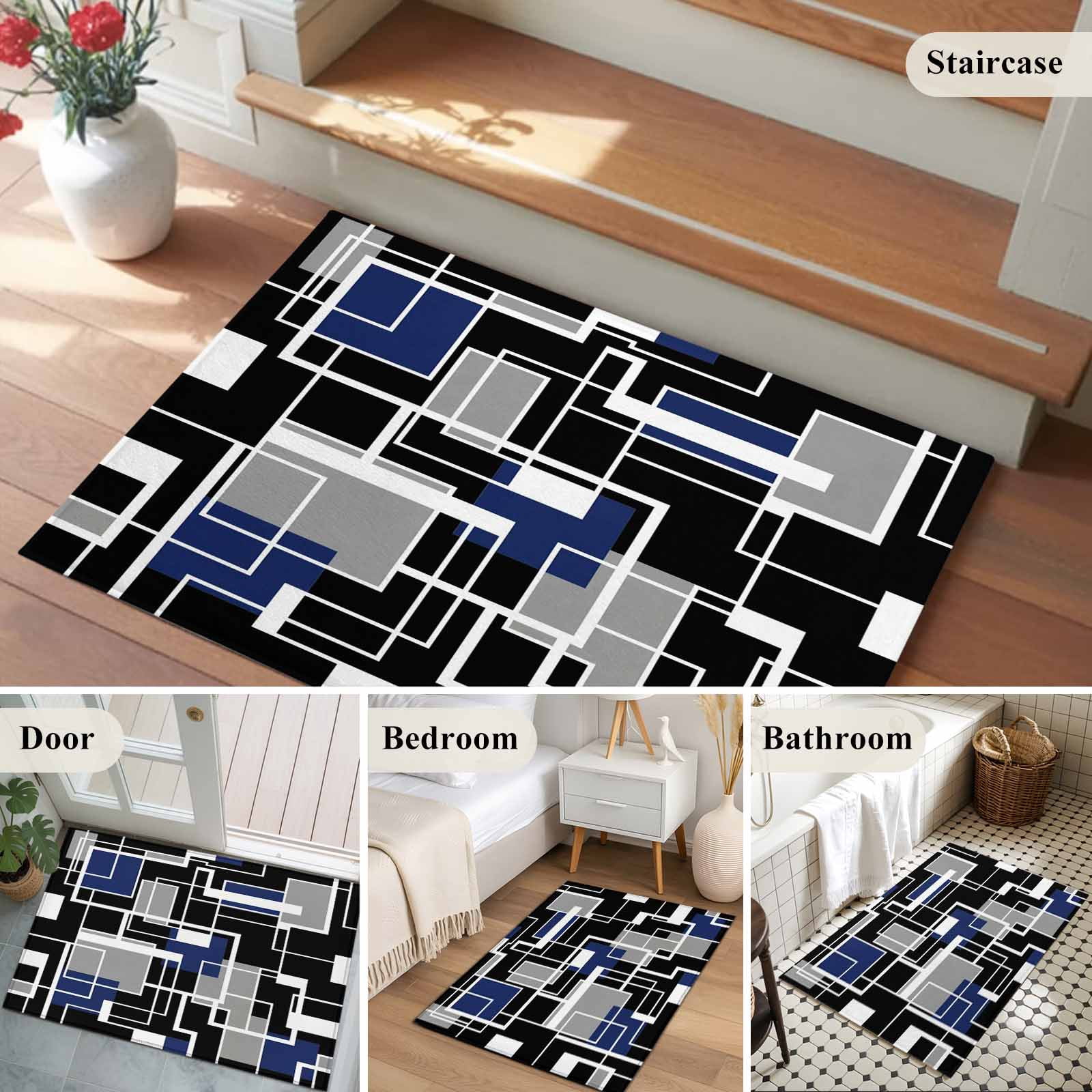 Navy Blue Black Geometric Entryway Rug 2'x3'&nbsp; Non Slip Front Door Mats, Modern Color Block Abstract Entrance Rugs Indoor Outdoor Carpet, Washable Floor Mats Small Area Rug for Bedroom Kitchen