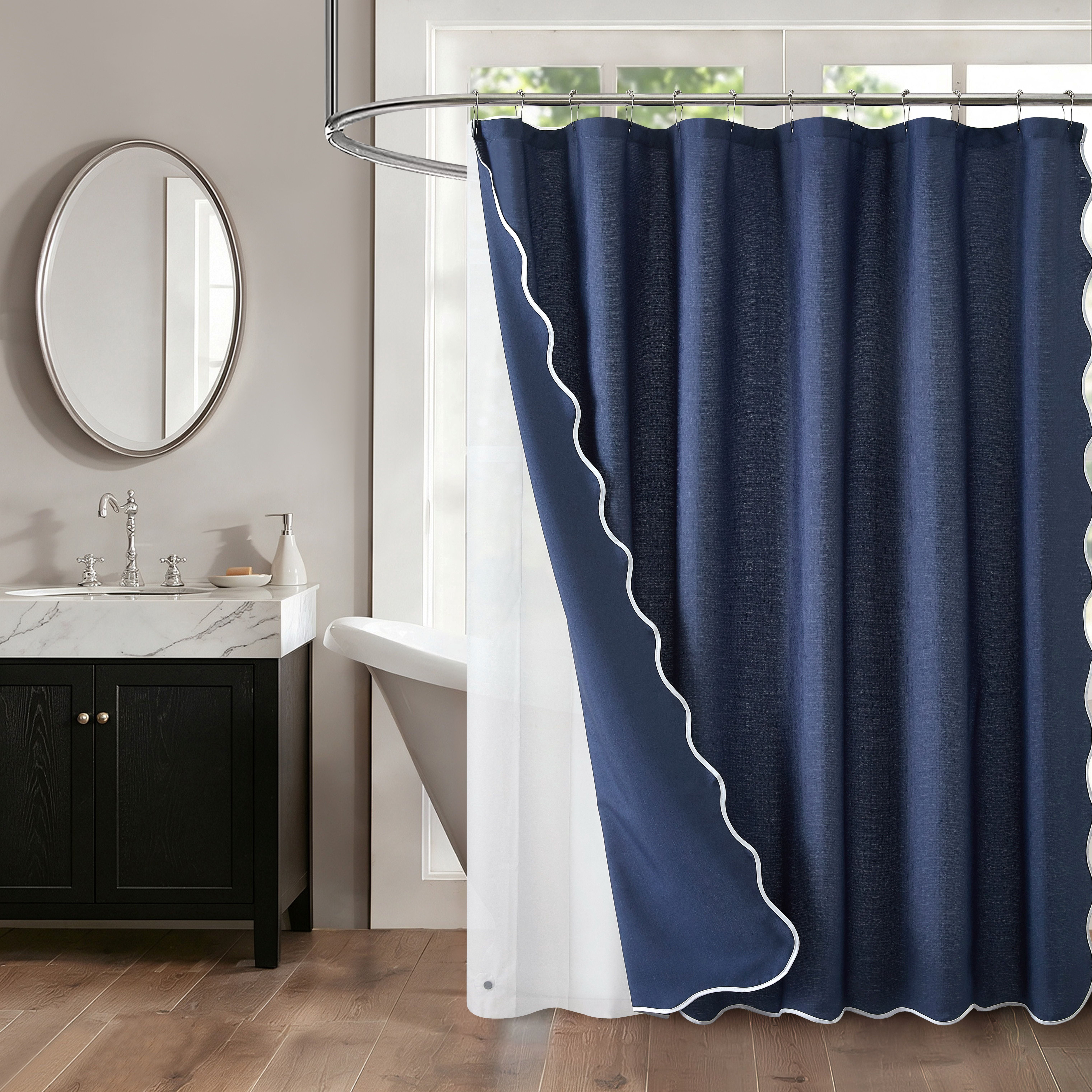 Mainstays Scalloped 14-Piece Blue Fabric Shower Curtain Set with Rollerball Hooks, 72 in x 72 in
