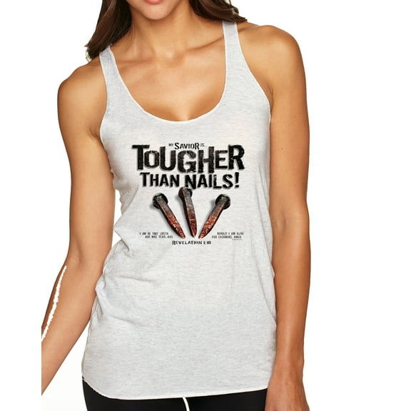 Wild Bobby, My Savior is Tougher than Nails Bible Verse | Female Inspirational/Christian Premium Tri-Blend Racerback Tank Top, Heather White, Small
